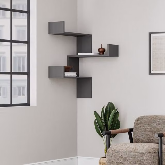 Decortie Luksa Wall Mounted Corner Bookcase with Zigzag Design in Anthracite Grey, W: 60 cm, H: 90 cm