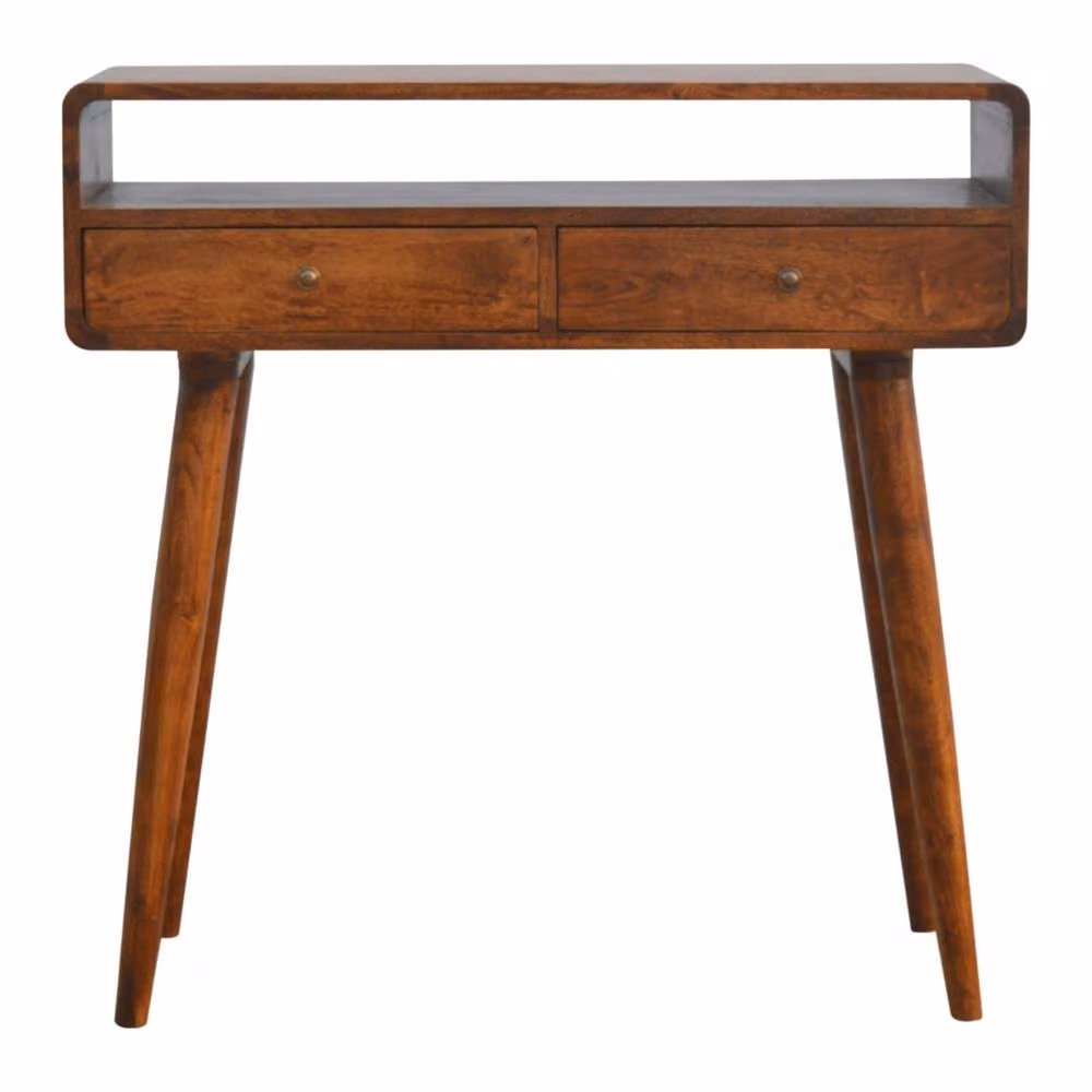 Wyld Haus Ostuni Curved Mango Wood Console Table in Brown with 2 Drawers and Open Shelf – 2