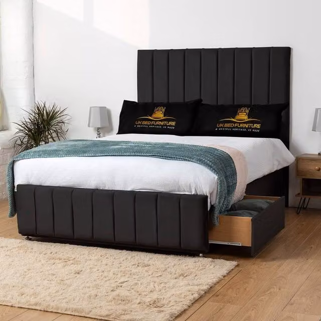 UK Bed Furniture Falcon Divan Bed with 2 Drawers and 26 Inch Headboard, Black Fabric, Super King, W: 200 cm x D: 200 cm