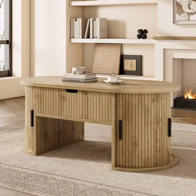 Merax Oval Lift-Top Coffee Table with Sliding Doors and Storage in Brown and Beige – 1