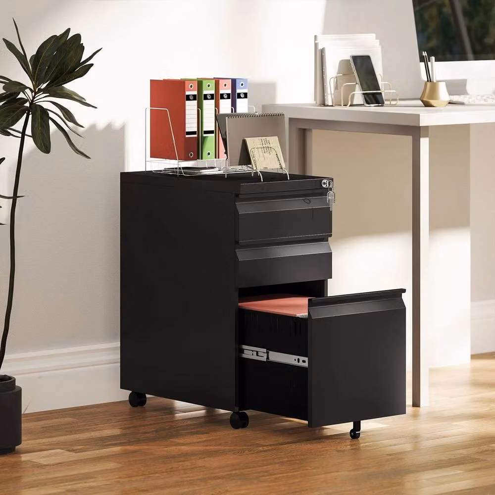 VOGREX Black Lockable Mobile Steel Office File Cabinet with Castors, H 60.0 cm x W 43.5 cm x D 30.0 cm – 2