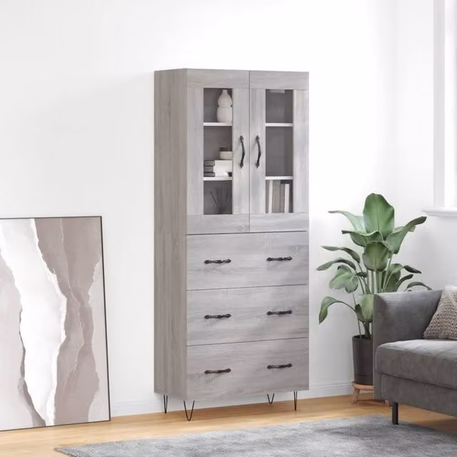 Berkfield Home Grey Sonoma Highboard with Glass Doors and Internal Shelves, W: 69.5 cm, D: 34 cm, H: 180 cm – 1