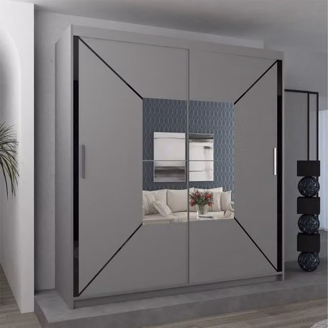 Sliding Wardrobes 4u Modern Grey Sliding Door Wardrobe with Mirror, Internal Shelves and Hanging Rod, W: 150 cm
