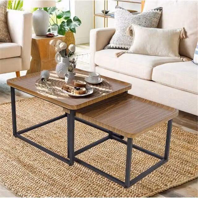 KORVIXA Square 2X Industrial Stacking Coffee Table with Brown Wooden Top, W: 100 cm x D: 100 cm – 1