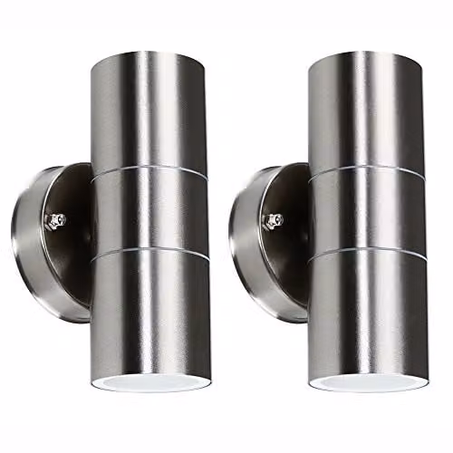 MiniSun Set of 2 Modern Brushed Chrome Up/Down Outdoor Wall Lights with 5W Warm White LED Bulbs