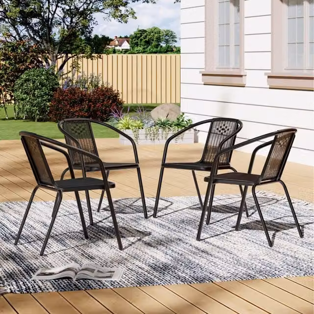 Livingandhome Set of 4 Matt Black Metal and Rattan Rustic Garden Stacking Chairs