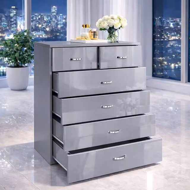 Harmin Modern High Gloss Grey 6-Drawer Chest of Drawers, W/D/H: 100 x 40 x 70 cm