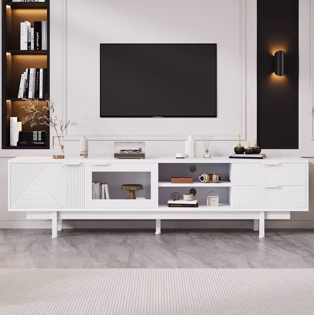 STILVORA Modern White Matt TV Stand with 2 Doors, 2 Drawers, Shelves and Grommet, Width: 200 cm – 3