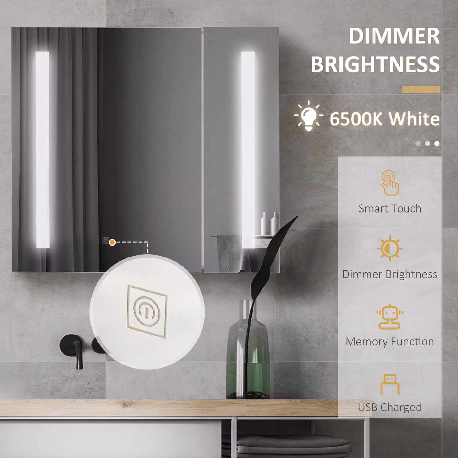 kleankin Illuminated Wall-Mounted Bathroom Cabinet with LED Mirror, USB Charging and Sensor Switch, Pristine White – 3