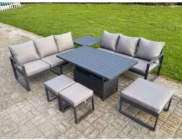 Fimous 7-Piece Powder Coated Aluminium Sofa Set with Height-Adjustable Lifting Table and Side Table in Dark Grey – 1