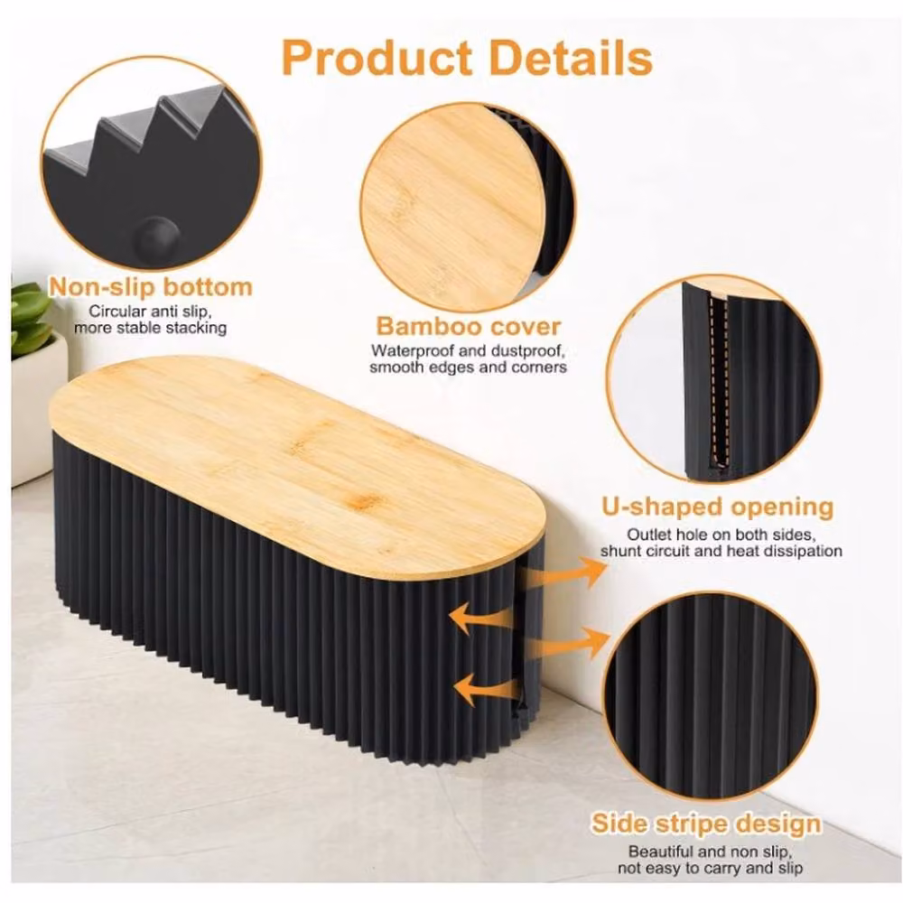 EONLION Black Large Cable Management Box with Bamboo Lid and Slatted Design, Width: 50 cm – 4
