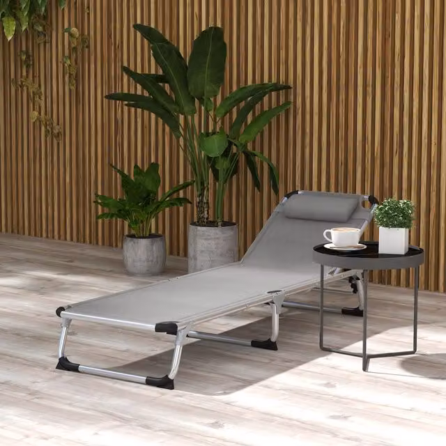Outsunny Folding Outdoor Reclining Sun Lounger in Light Grey with Adjustable Headrest and Powder Coated Aluminium Frame