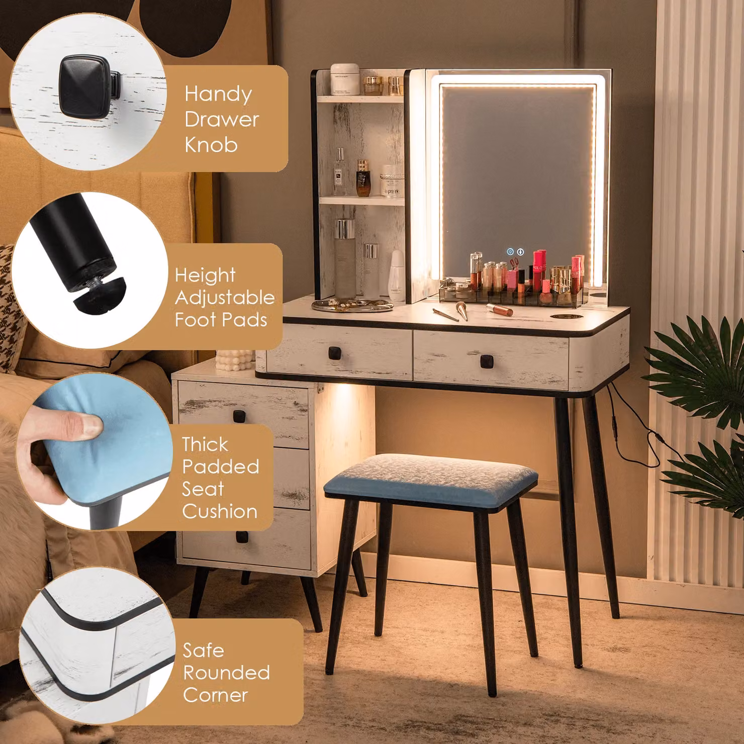 Gymax White Vanity Table Set with Stool and 3-Colour LED Hollywood Mirror – 3