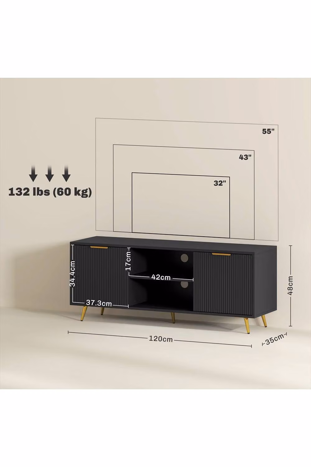 ERGOVEXA Modern Black MDF TV Stand Cabinet with Media Compartments and Grommet, W/D/H: 120 x 35 x 48 cm – 2