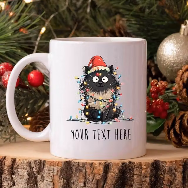 60 SECOND MAKEOVER Personalised Pomeranian Christmas Lights Santa Hat Ceramic Mug in White