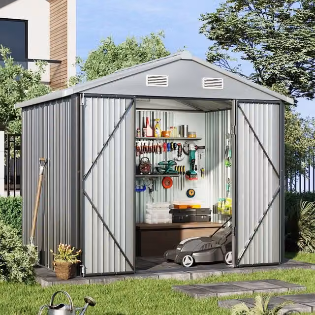 Breeins Metal Outdoor Storage Shed with Lockable Door in Grey and White
