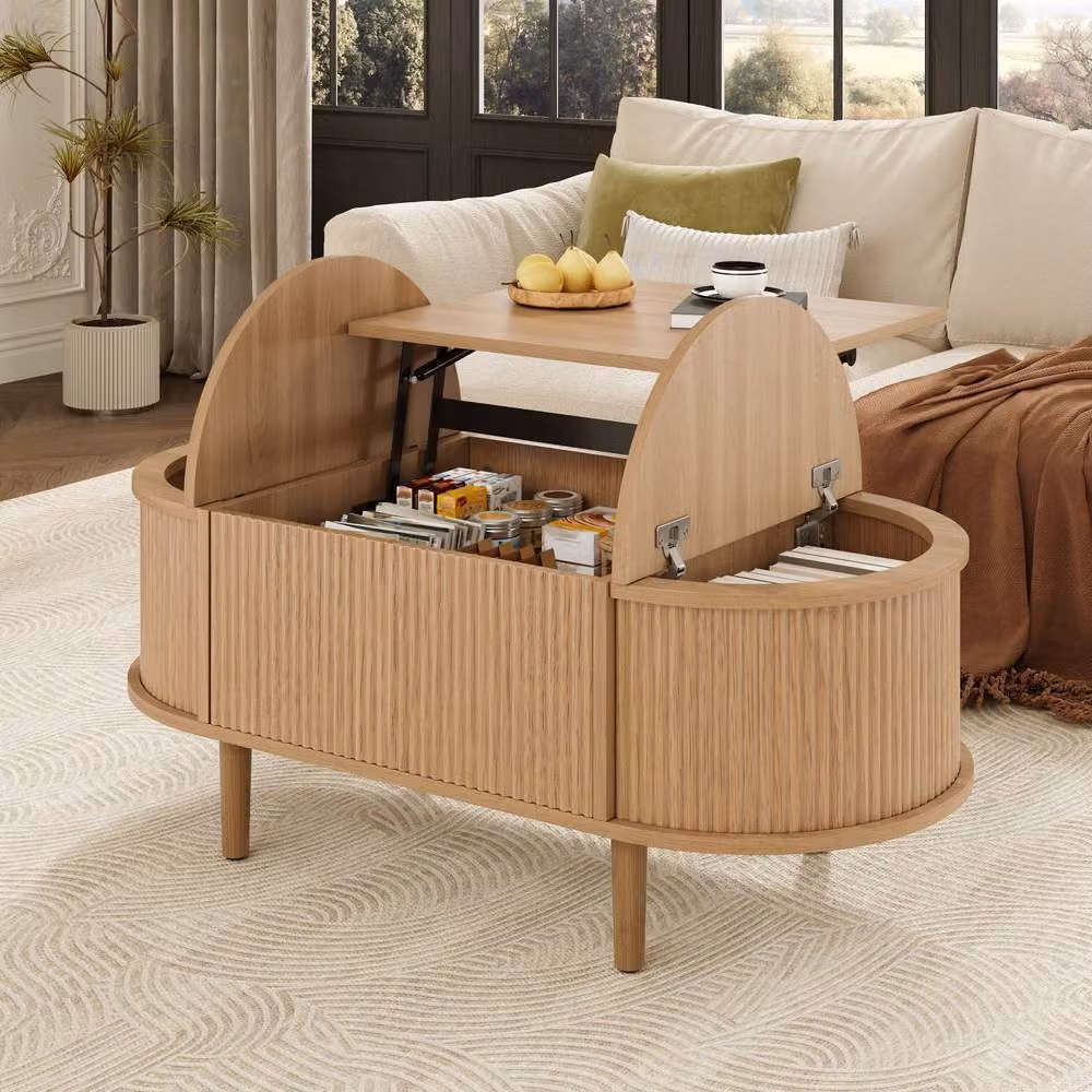 Merax Oval Lift-Top Fluted Coffee Table with Storage in Brown and Beige, W/D/H: 100 x 60 x 48 cm – 3