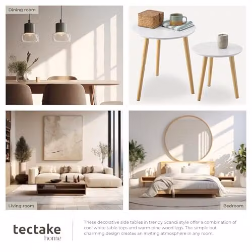 tectake 2-Piece Scandi Design Nesting Side Table Set with Solid Pine Wood Legs in White and Brown – 3