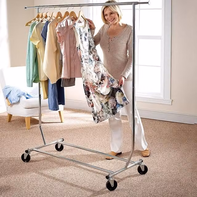 Silver Folding Metal Garment Rack with Wheels and Cover