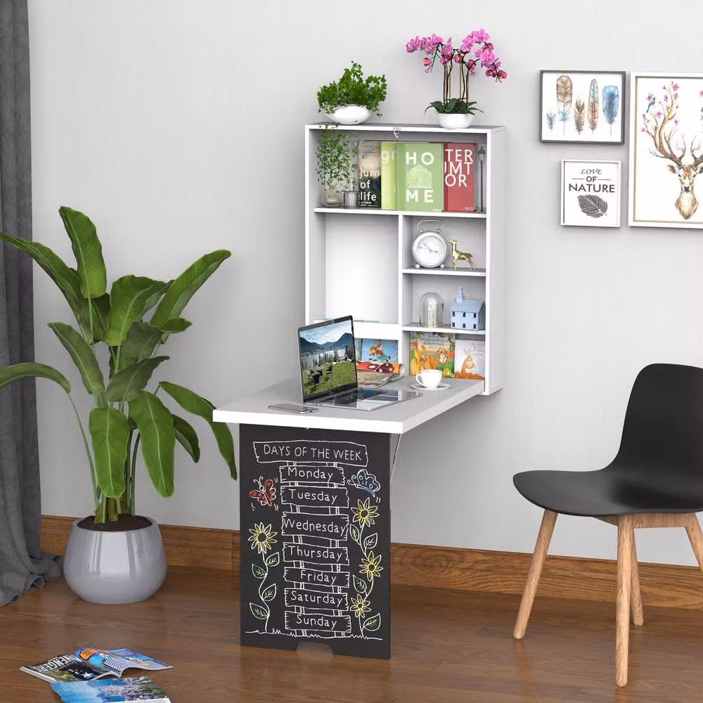 Rolipo White Wall-Mounted Drop Leaf Writing Desk with Chalkboard and Storage Shelf – 3