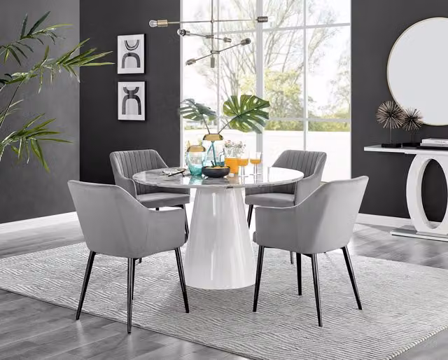 Furniturebox Palma Round White Marble Effect Dining Table and 4 Calla Black Leg Chairs in Grey