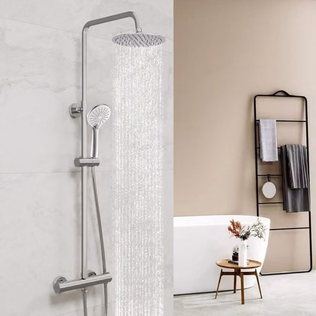 Hinsinc Round Thermostatic Twin Head Exposed Shower Set in Silver with Chrome Finish, W: 180 cm, H: 180 cm – 1