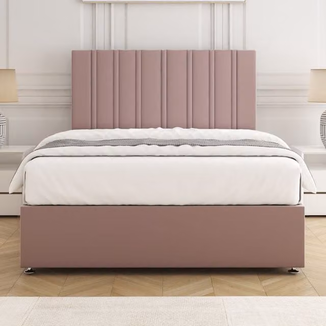 BSSPOKE Sienna Plush Velvet Divan Bed Set with 24 inch Headboard and Mattress in Pink, Double, W/D/H: 140 x 200 cm