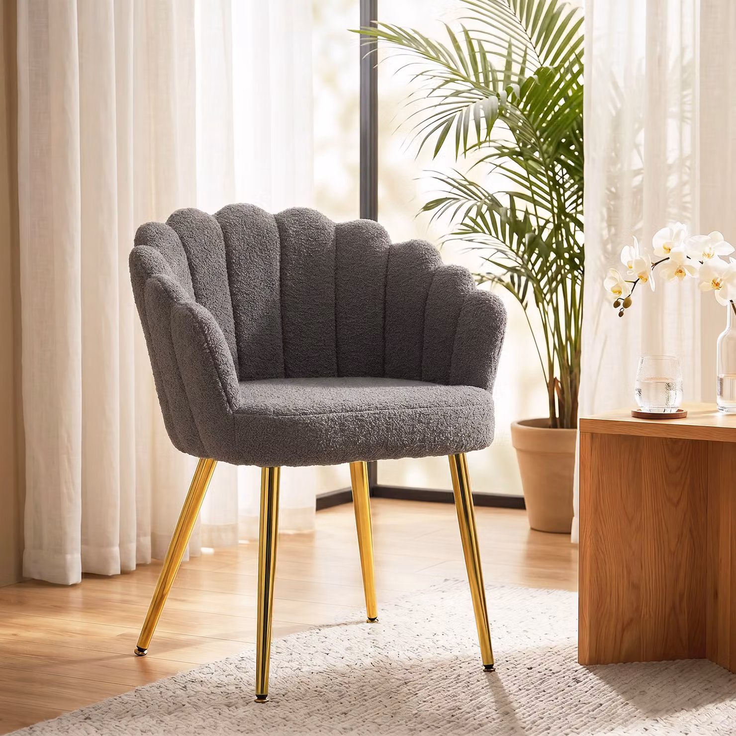 HOMCOM Grey Bouclé Petal-Back Lounge Chair with Metal Legs – 6