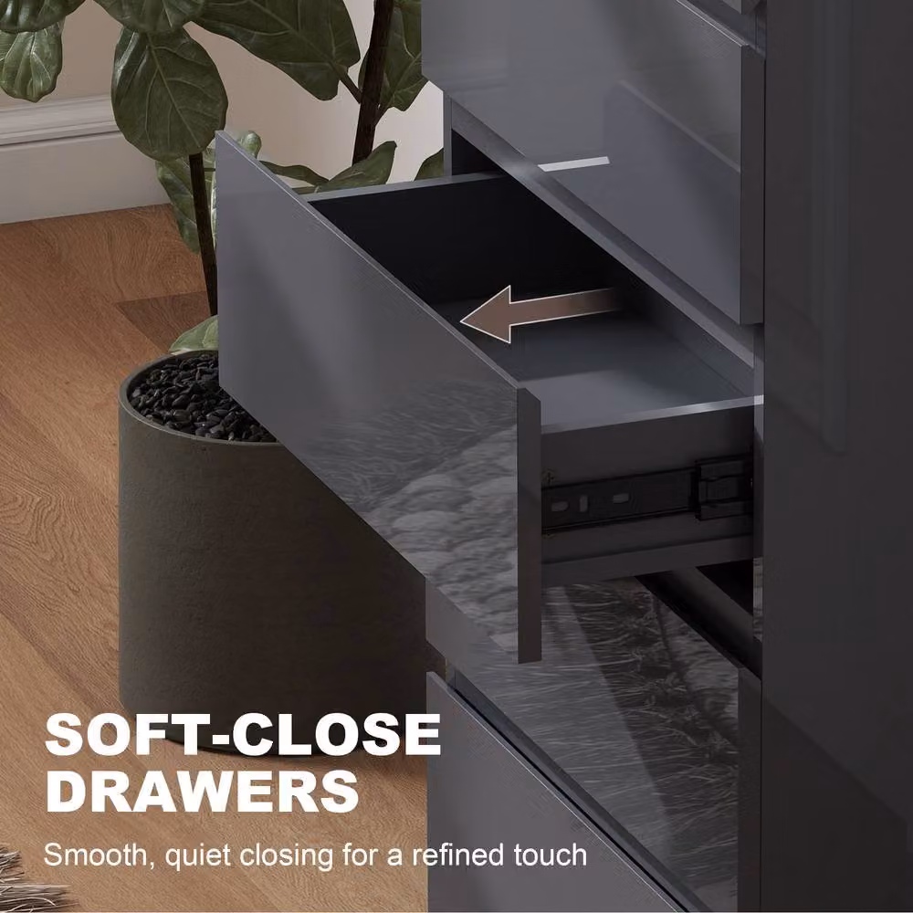 STILVORA Grey Glossy 5-Drawer Chest of Drawers with Soft-Close Drawers – 5