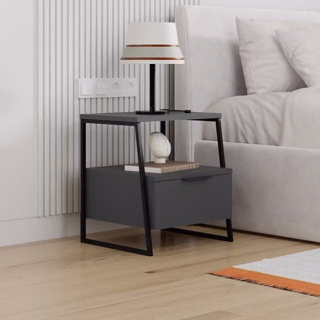 FWStyle Modern 1 Drawer Bedside Chest Table with Open Shelf in Anthracite Grey