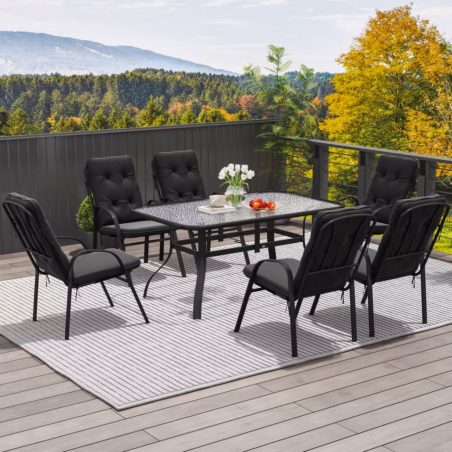 Outsunny Seven-Piece Modern Garden Dining Set with Cushions and Glass Table in Black – 8