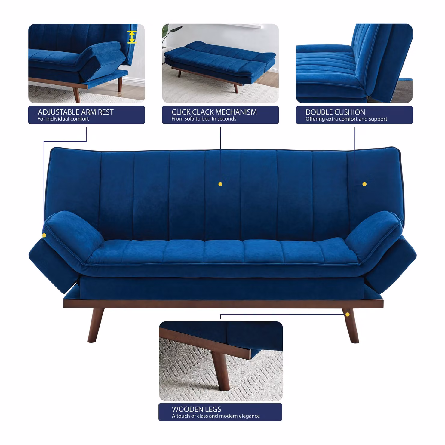 Bravich LTD Mondaine 3 Seater Click Clack Sofa Bed in Navy Blue Velvet – 6