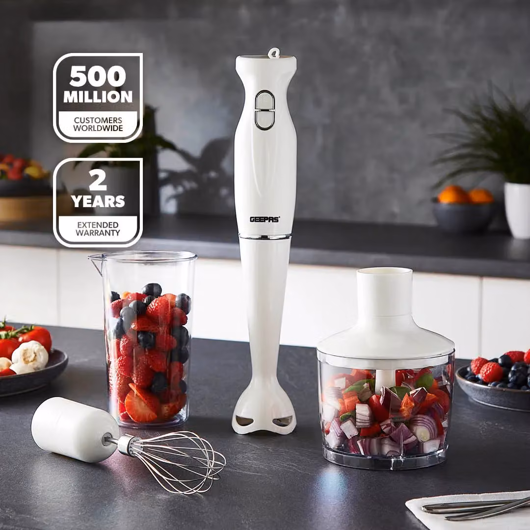 Geepas 4-in-1 Hand Blender 200W with Chopper Bowl and Whisk in White – 2