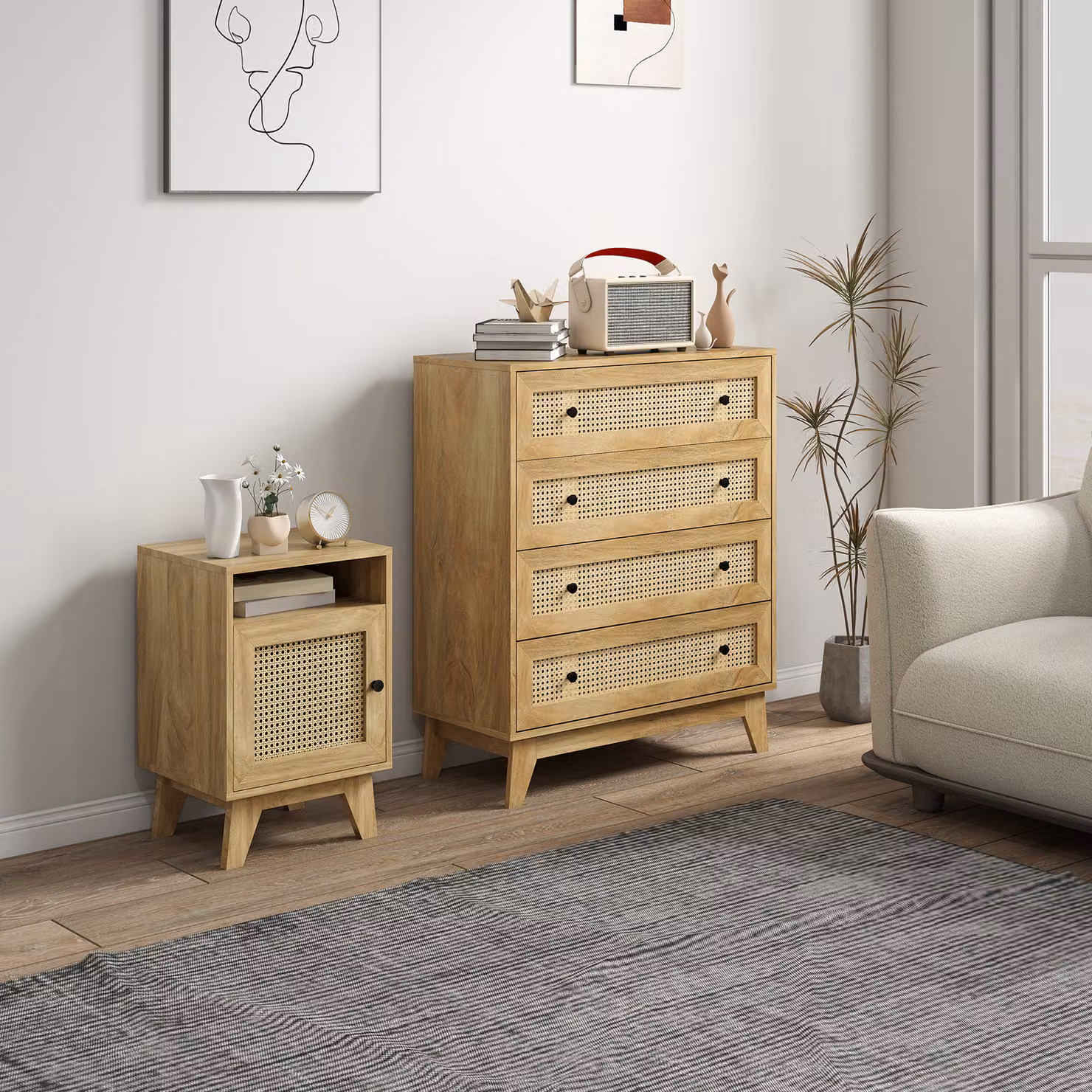 HOMCOM Boho Style Chest of Drawers with 4 Rattan Drawers and Door, Natural Matt Finish – 2