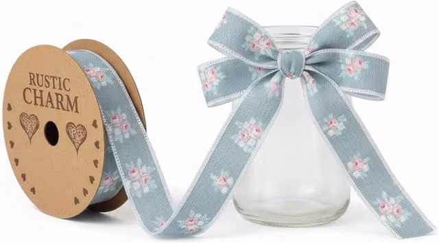 Kingsbury Gifts Vintage Elegance Linen Look Floral Ribbon, Teal