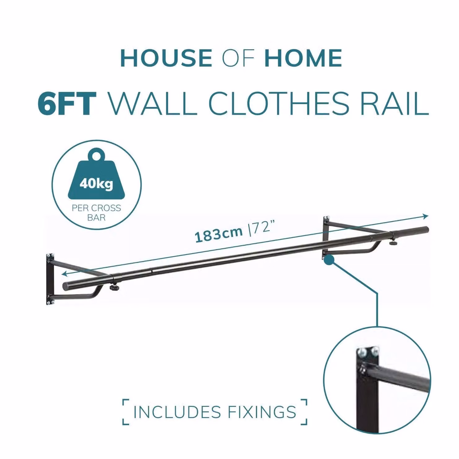 House of Home Wall Mounted Metal Clothes Rail in Matt Black, W: 182.88 cm, D: 15.5 cm – 2