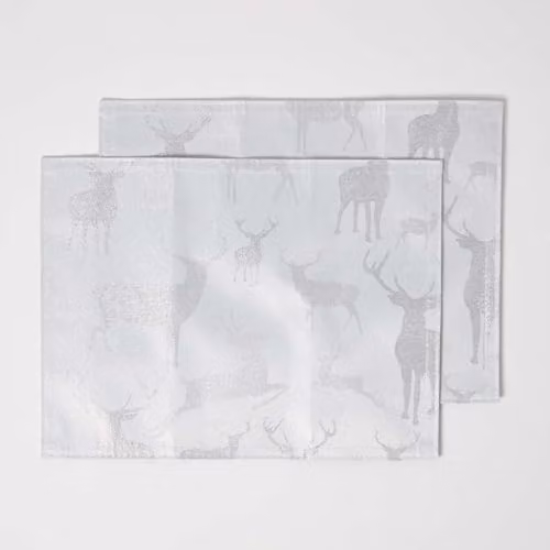 Homescapes Set of 2 Silver and Grey Christmas Placemats, W/D/H: 40 x 30 x 0.3 cm