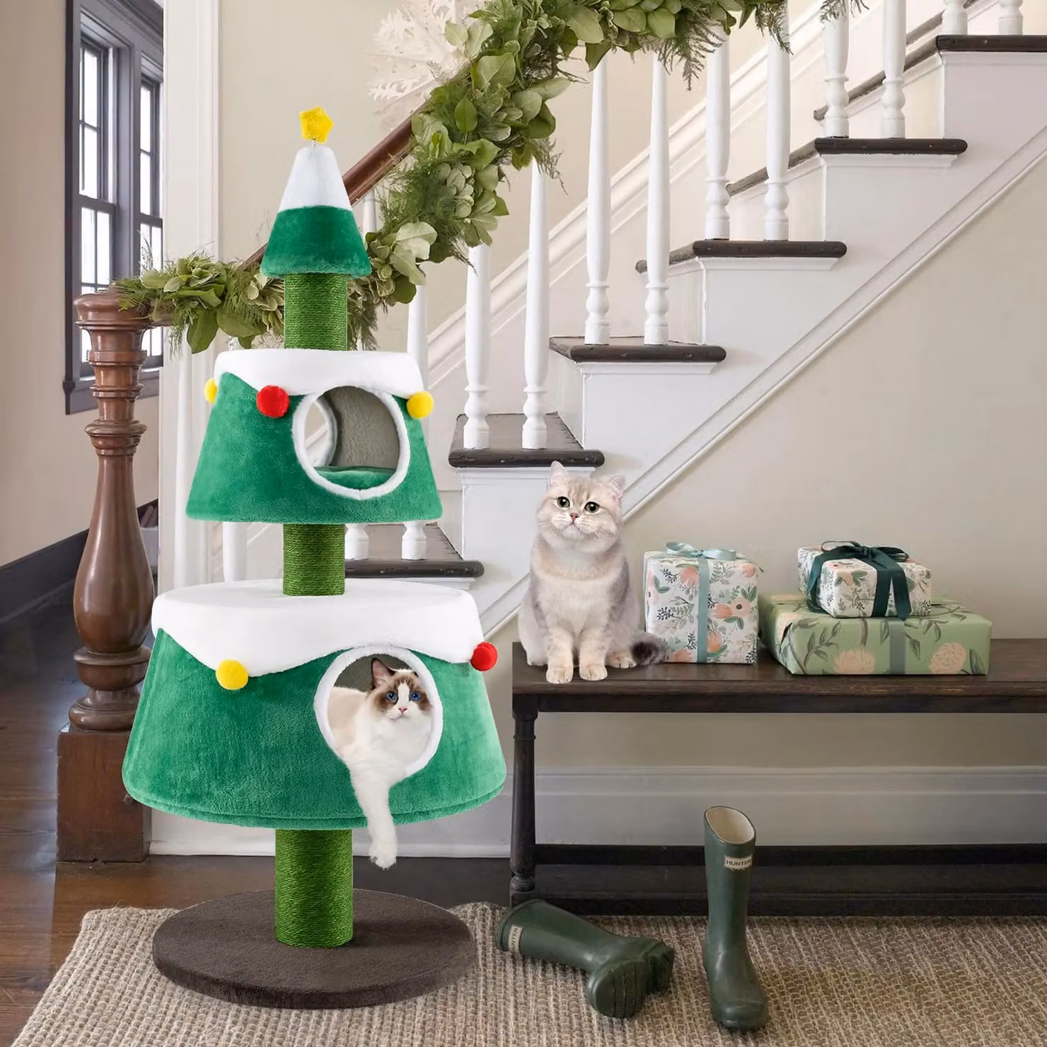 Costway Christmas Cat Tree with 2 Condos and Integrated Toys in Green – 8
