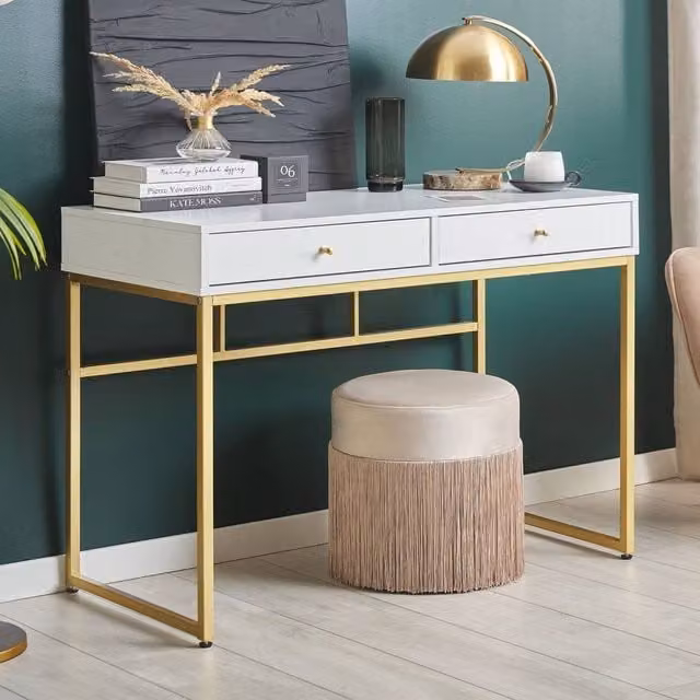 Wyld and Coco White Console Table with 2 Drawers and Gold Base, W: 100 cm, D: 48 cm