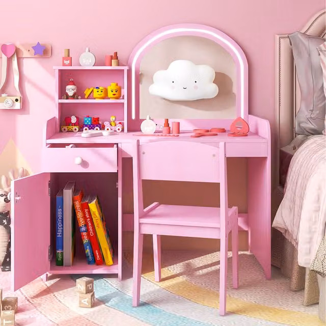 Costway Kids Makeup Vanity Set with Hollywood LED Mirror in Pink