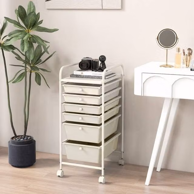 Kelvenix 6-Drawer Rolling Storage Cart in White with Castors and Lock