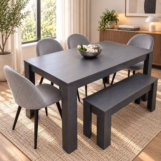 Kosy Koala Modern Geometric Dining Table Set with 4 Chairs and Bench in Grey and Brown, W: 140 cm, D: 80 cm, H: 75 cm