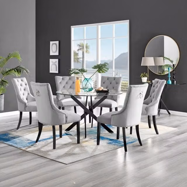 FurnitureboxUK Novara Round Glass Dining Table with 6 Belgravia Black Leg Chairs in Grey