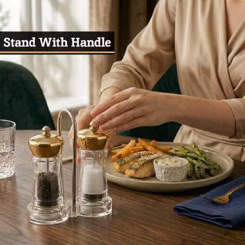 Orsina Gold and Transparent Acrylic Salt and Pepper Mill Set with Stand and Ceramic Mechanisms – 5
