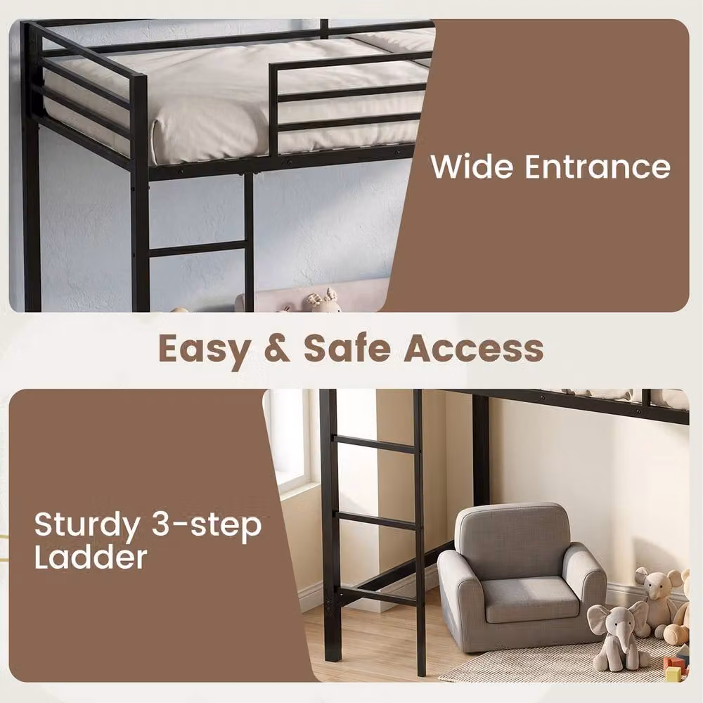 Costway Single Size Metal Loft Bed with Storage Shelves and Stairs in Brown – 5