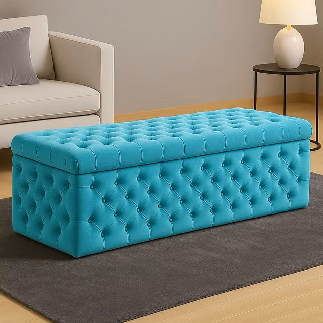 R&M Furnishers Wide Lux Chesterfield Ottoman Storage Box in Sapphire Blue Velvet