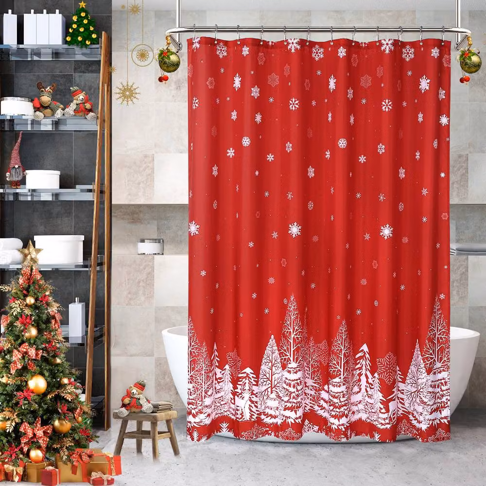 London Boutique Festive Christmas Waterproof Polyester Shower Curtain in Red and White, W/H: 182.88 x 182.88 cm – 3