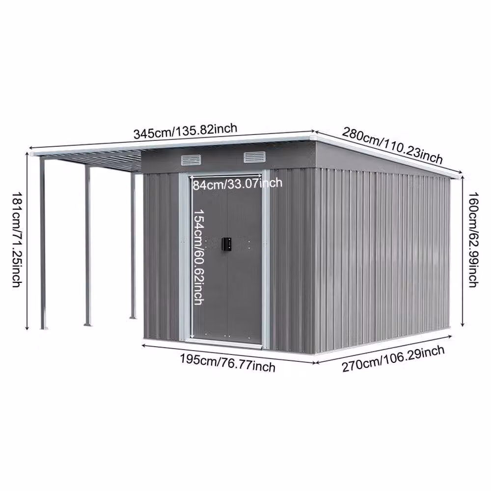 SPETLEK Heavy-Duty Metal Pent Garden Shed in Grey, W/D/H: 181 x 345 x 280 cm – 2