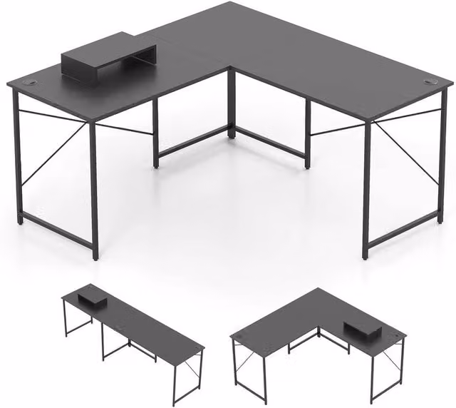 VOGREX Grey and Black L-Shaped Corner Computer Desk with Built-in Monitor Stand