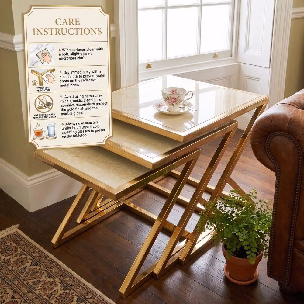Home Luxe Interior Carra Gold Nest of 3 Tables with Cream Marble Tops and Gold Metal Frames – 6